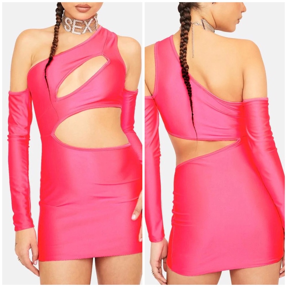 NWT Dolls Kill Satin Cutout Cold Shoulder Long Sleeve Mini Dress Pink Festival
